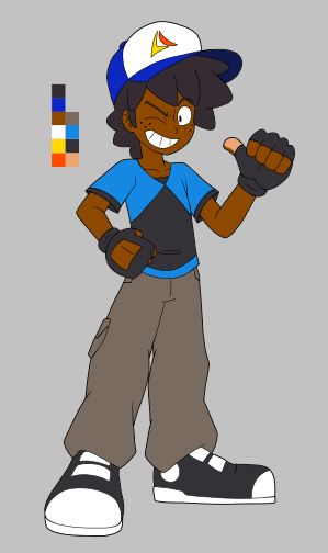 A WIP ref of my OC/self-insert, Aaron. He is an African-American young man with dark skin, mid-length black hair, and an overall design inspired by the likes of Goku and Sonic the Hedgehog. He is wearing a black shirt with light blue sleeves, beige cargo pants, black and white sneakers, black fingerless gloves, and a blue and white cap with a stylized yellow-and-orange "A" on the front. He is giving a thumbs-up gesture with his left hand and winking at the viewer with a grin.

Next to him, you can see his mapped-out color scheme.