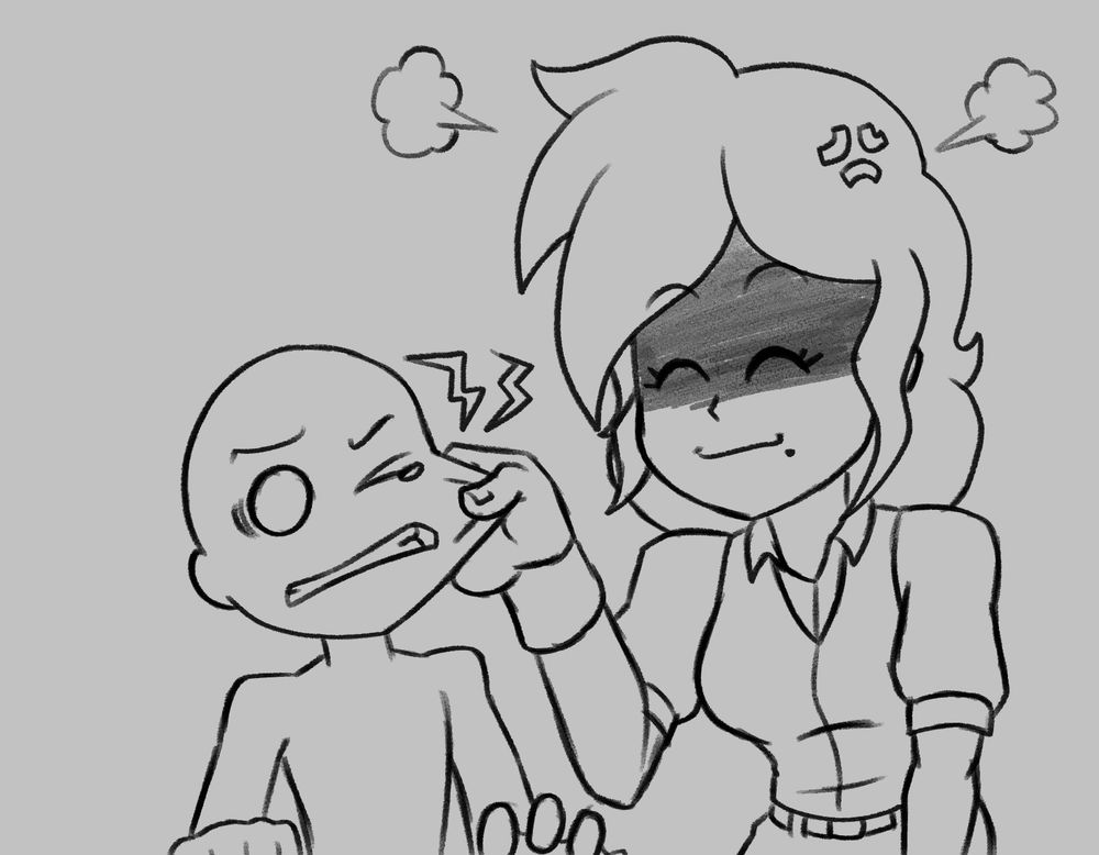 A sketch depicting my OC, Rosalyn Williams, with a featureless, anonymous stand-in, showing a scenario depicting what discussing Rosalyn's age within earshot of her would lead to. While Rosalyn is smiling, the cross-popped vein on the top of her head, the bits of steam emitting from her, and the shadow cast over her eyes all emphasize her anger. She is hunched over slightly and aggressively pinching the cheek of [ANON].