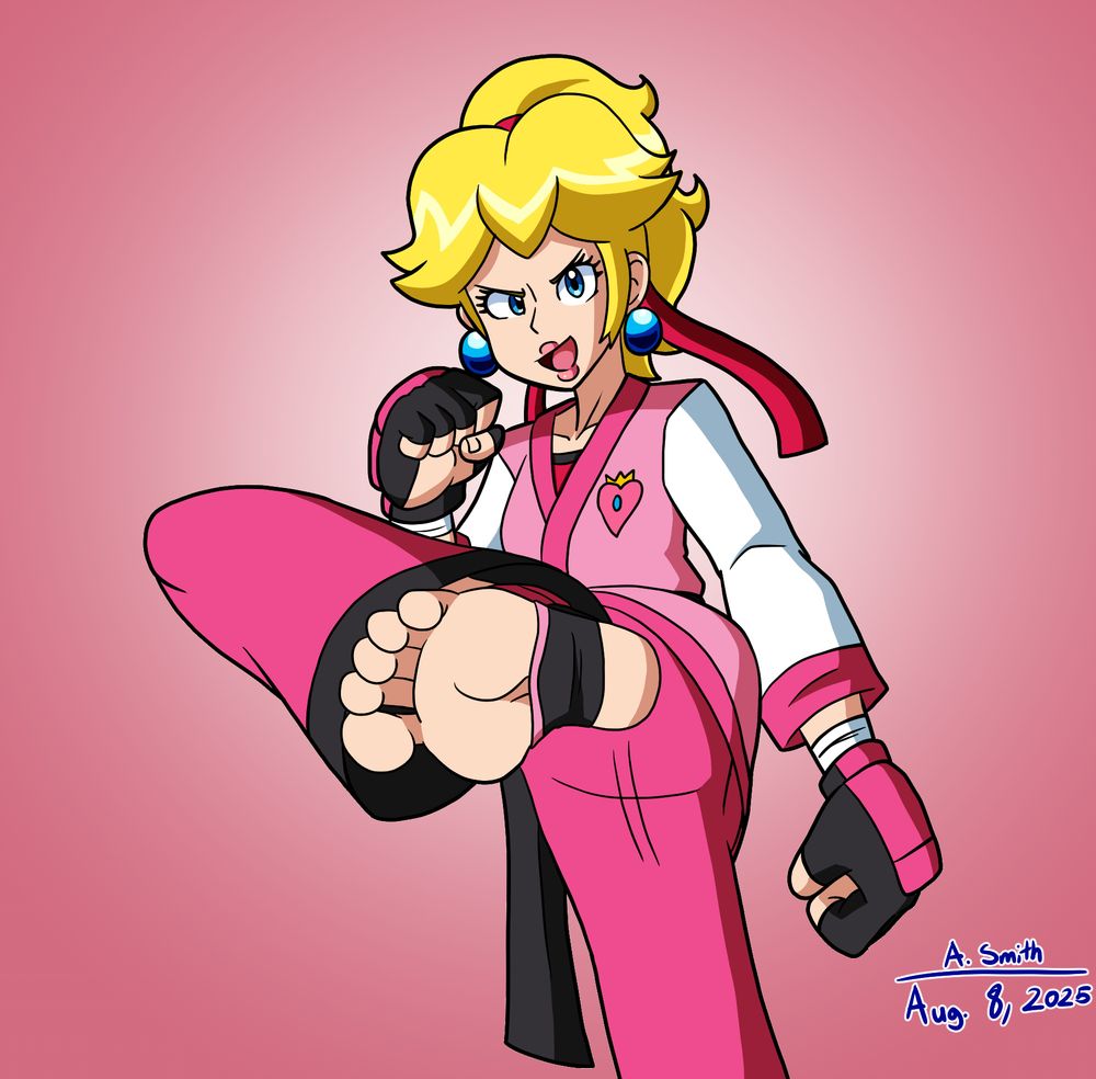 Princess Peach (Super Mario Bros.) in a customized martial arts gi. She is chambering her leg, preparing a kick, while giving the camera a confident smile.