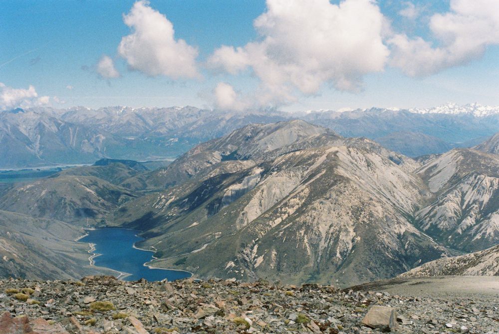 View from Foggy Peak. Lake Lyndon is in the foreground. Aoraki / Mount Cook is on the skyline on the right-hand side of the photo.