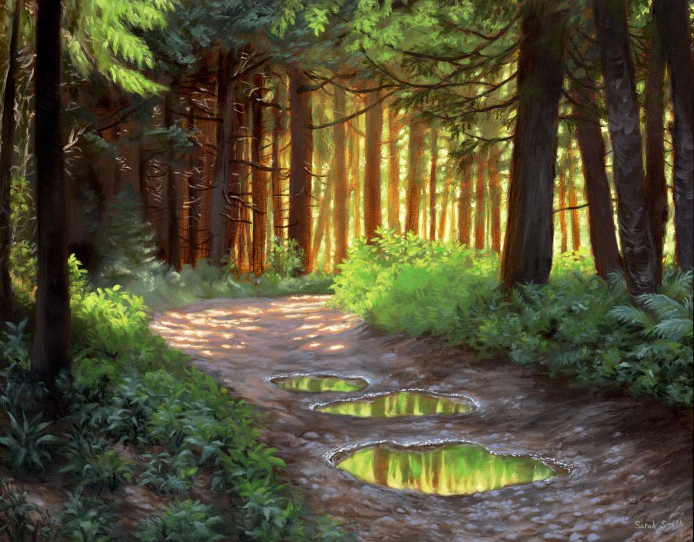 Colorful painting of a dirt trail with reflective puddles, and bright sunlight up ahead around a corner.