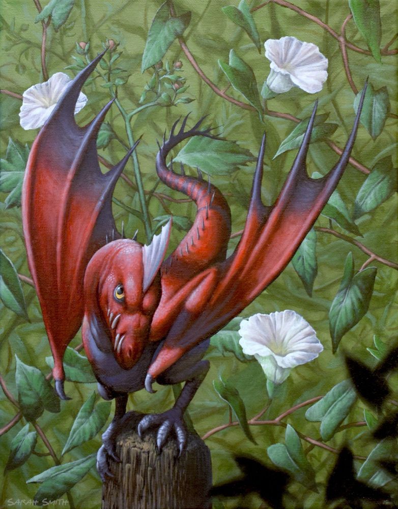 A bright red Garden Wyvern among flowers and foliage, 11x14" oil painting