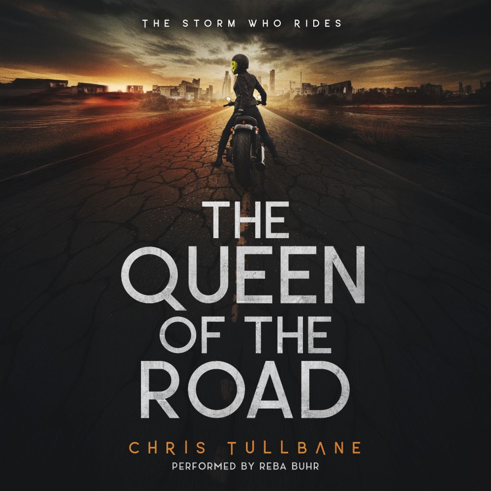 The audiobook cover of The Queen of the Road, book two of The Storm Who Rides, featuring a woman in black on a motorcycle with a smiley-face decal obscuring her visor. In the distance, the ruins of a town can be seen.