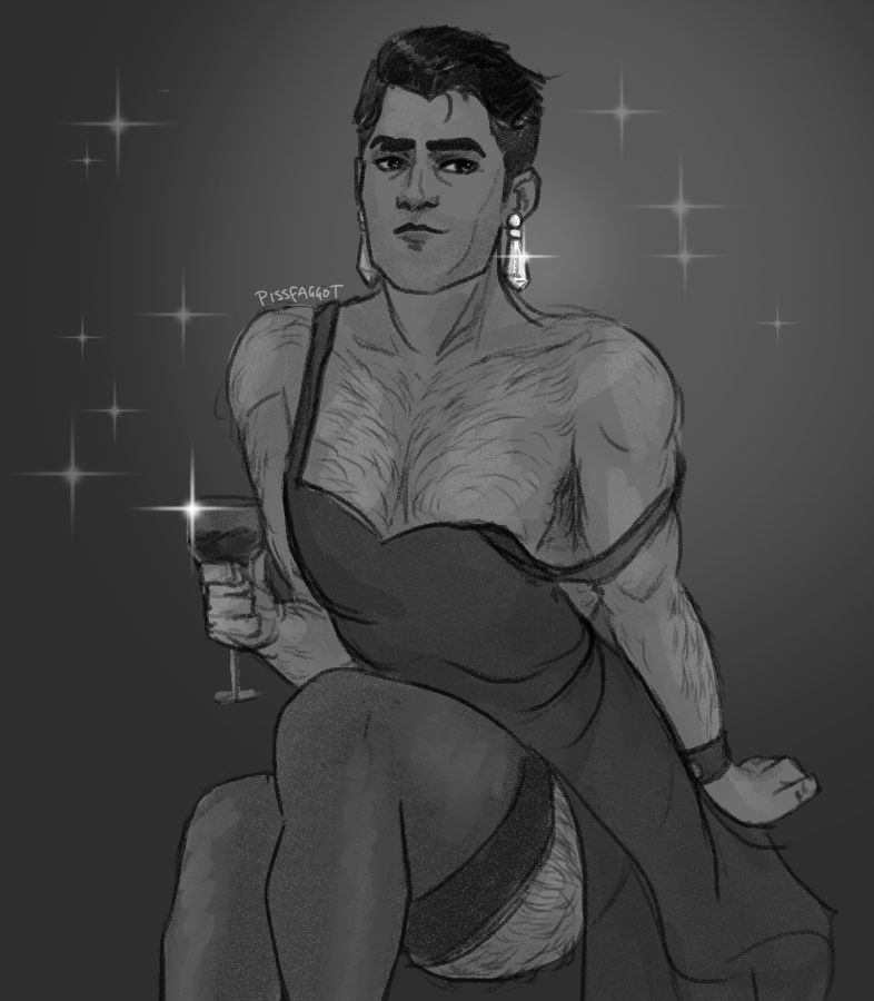 A greyscale drawing of Jayce. He is sat with knees together, holding a glass of wine. He is wearing a simple dark dress, but one strap has fallen off his shoulder; he is wearing stockings on his legs. He has clear crystal dangly earrings, gleaming bright. 