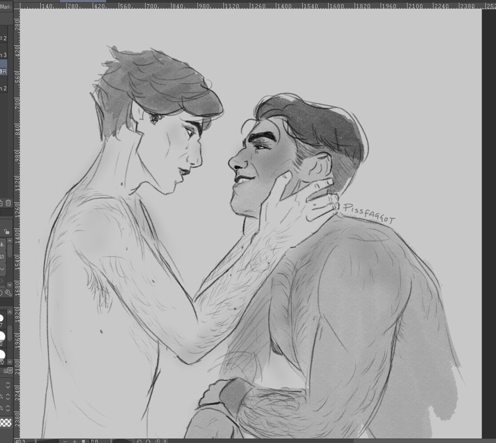 A rough digital greyscale sketch of Jayce and Viktor, both naked. Viktor is reaching out to place hands on Jayce's neck, thumb on his cheek, while glancing down and speaking to him. Jayce is leaning on his elbows, arms casually crossed; he stares up at Viktor with a smile, blush on his cheeks, clearly too preoccupied with the view of Viktor's face pay attention. Viktor's espression, while clearly trying to gain Jayce's attention, is softly amused with the situation. 