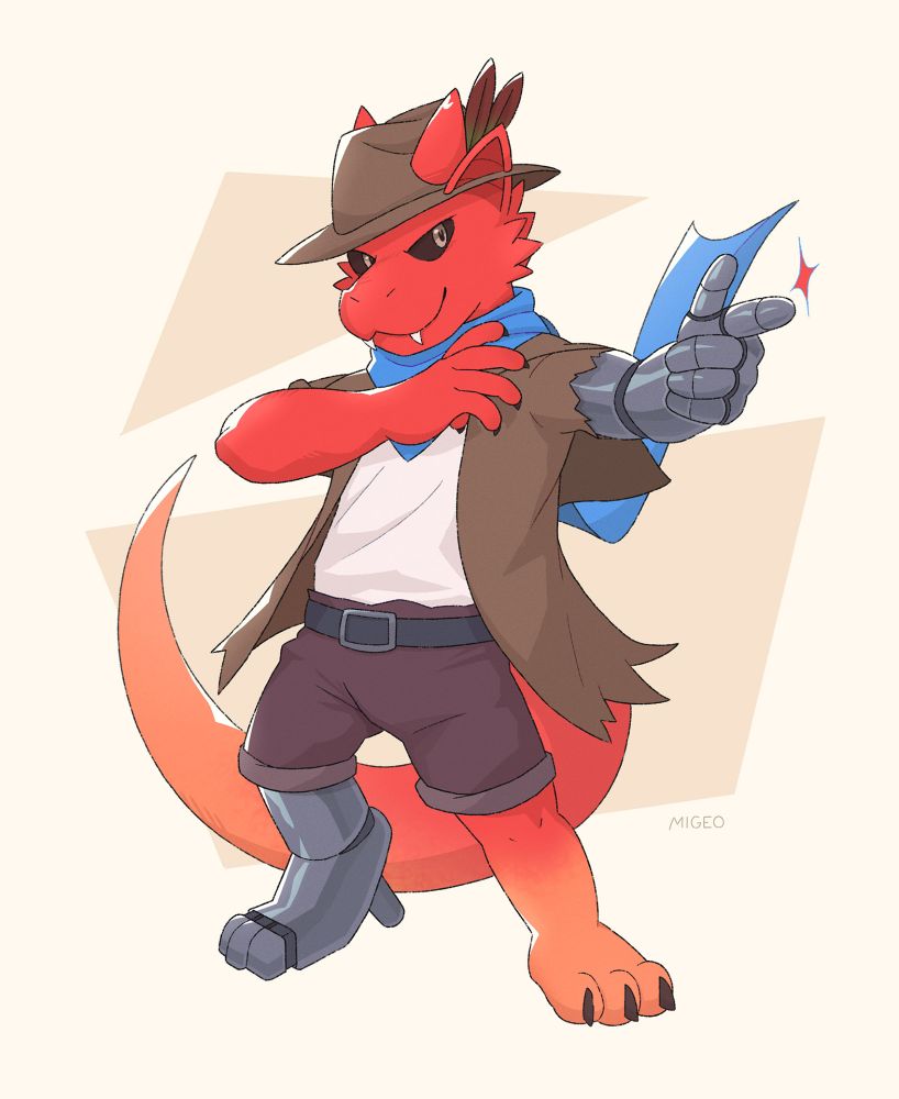 A full-body digital illustration of an anthropomorphic kobold-like creature with a bionic left arm and right leg. His scaled skin is red; with his tail and left leg having an orange gradient present on them. His scleras are black, his eyes gray, and he also has red bat-like ears and horns. He's wearing a white shirt and purple shorts, accompanied of a black belt, alongside a brown hat and a brown coat. He also has a blue piece of cloth around his neck, with a long end behind his back, similar to a scarf. He is pointing his bionic arm towards the screen, angled left, while displaying a confident expression and pose.