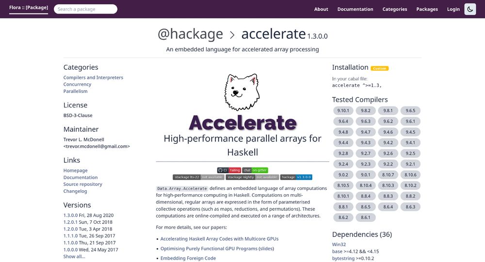 Package page for the Accelerate package on Flora, with various informations like its README file, the tested compiler versions, the dependencies…