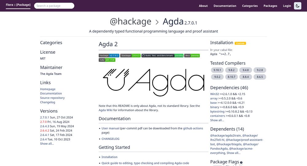 Package page for the Agda package on Flora, with various informations like its README file, the tested compiler versions, the dependencies…
