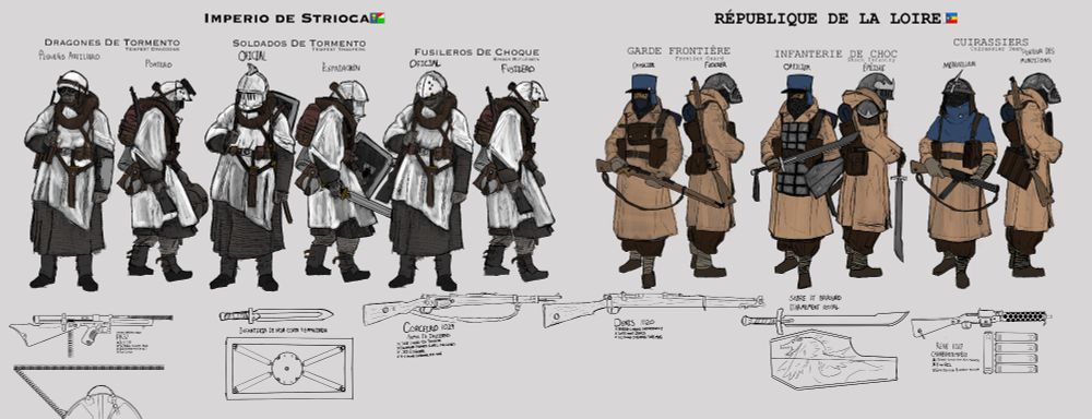 A selection of Riflemen, Shock Melee Soldiers and Submachinegunners from two different nations. The First, the Imperio de Strioca, contains primarily white snow camoflage over gray of brown winter clothing, while the Second, the Republique de la Loire, wears primarily Khaki with blue accents on their helmets, and silver buttons.