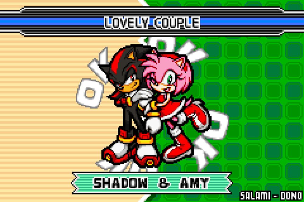 Pixel art of Shadow and Amy. Amy is hugging Shadow from behind, who I smiling and putting a hand over hers. It is done in the style of Sonic Advance and titled, 'Lovely Couple.'