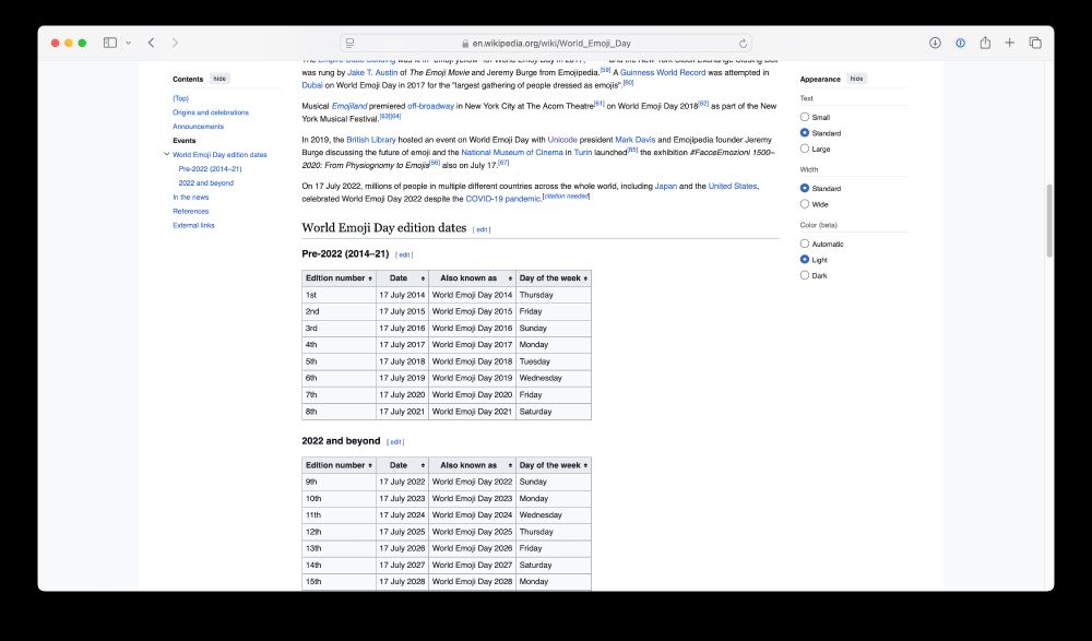 Wikipedia page for World Emoji Day (July 17)