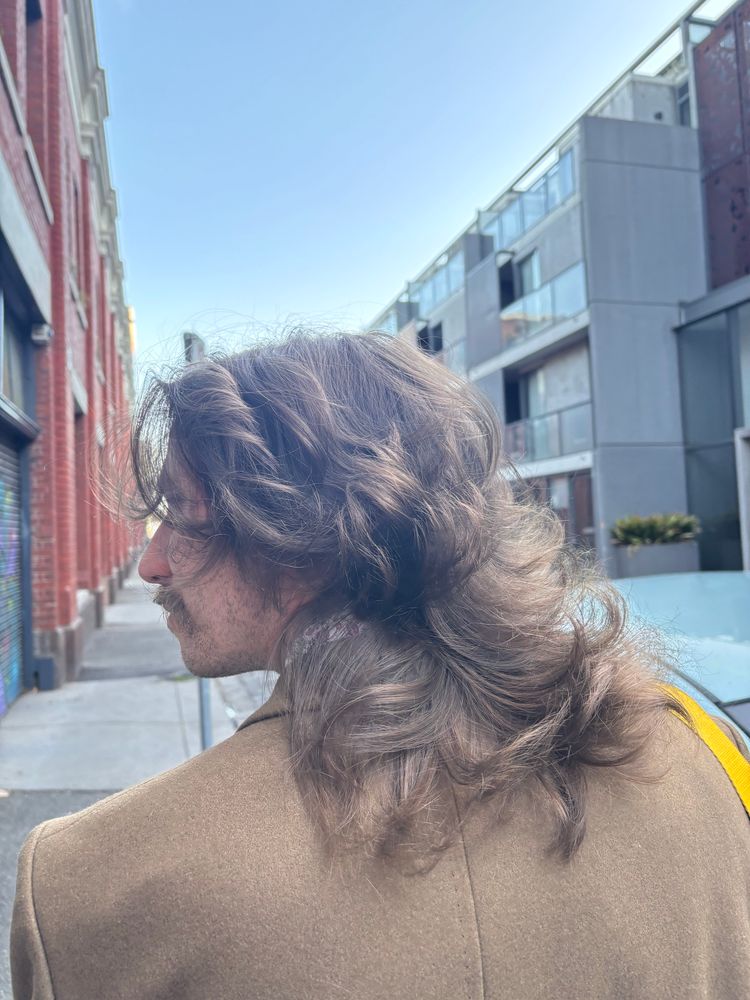A photo of James’ hair from the back, showing the wavy tumbles of hair cascading down his neck and over his shoulders. 
