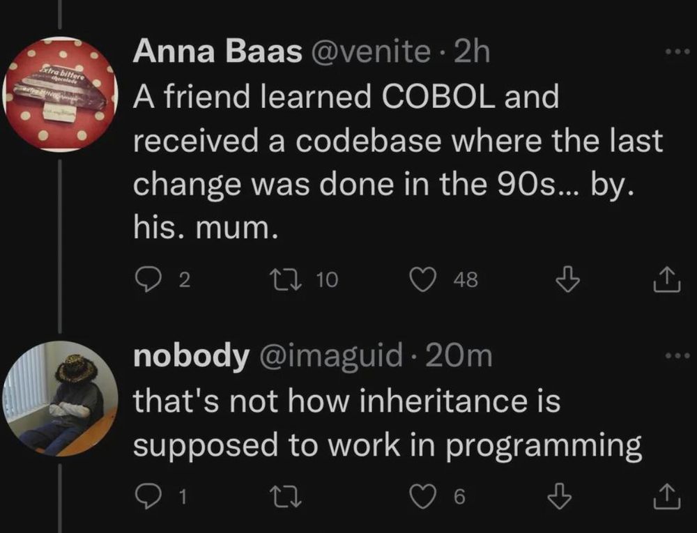 Stolen from Internet, an Tweet exchange: A user named Anna Baas writes: A friend learned COBOL and received a codebase where the last change was done in the 90s ... by. his. mum.  

A user named nobody responses: that's not how inheritance is supposed to work in programming. 