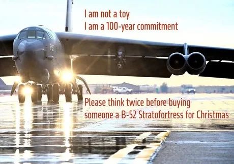 Foto einer B-52:

I am not a toy, I am a 100-year commitment.
Please think twice before buying someone a B-52 Stratofortress for Christmas. 