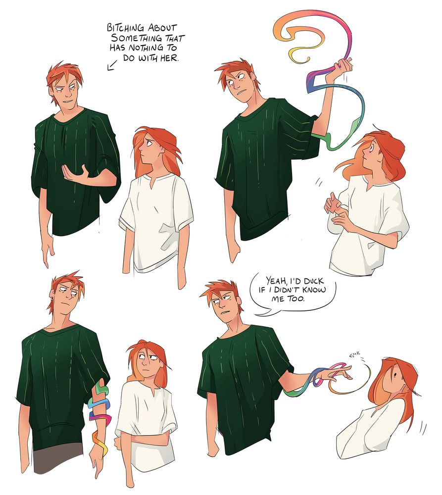 Herman (a tall redhead) looking bitchy while talking to Jacky, a short redhead. The caption next to him says "Bitching about something that has nothing to do with her."
He suddenly lifts his arm with a yarn tether wrapped around it. Jacky leans back like the movement startled her (Herman is 6'3''ish). 
He stops talking and looks at her. The yarn has retreated back to his arm. He looks grumpy, but he's figuring out if she's actually upset. In the last panel he flicks the yarn tether at her nose and looks away, having decided that no, she's not. "Yeah, I'd duck if I didn't know me too."
He probably returns to bitching.