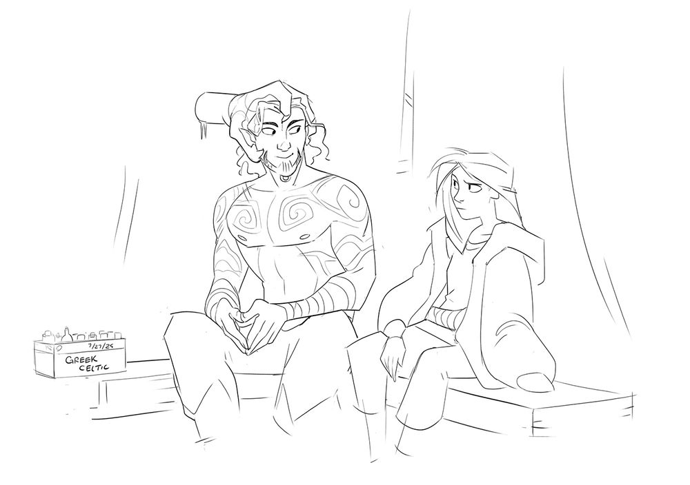 Jacky leaning back with her coat on (just one sleeve) and a bandaged arm against her stomach. Beside her, a long haired man is closed-mouth smiling. He has a giant severed hand stuck to his head.
She looks skeptical. He doesn't look like he minds.