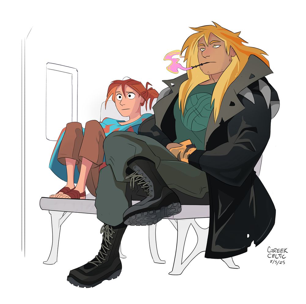 Jacky (a very small woman) sits next to Tam (a gigantic dude). She looks perturbed and he looks like unbothered. He's smoking something that I colored in pink and yellow. It's not weed or a cigarette. Its just some herbal fantasy thing.