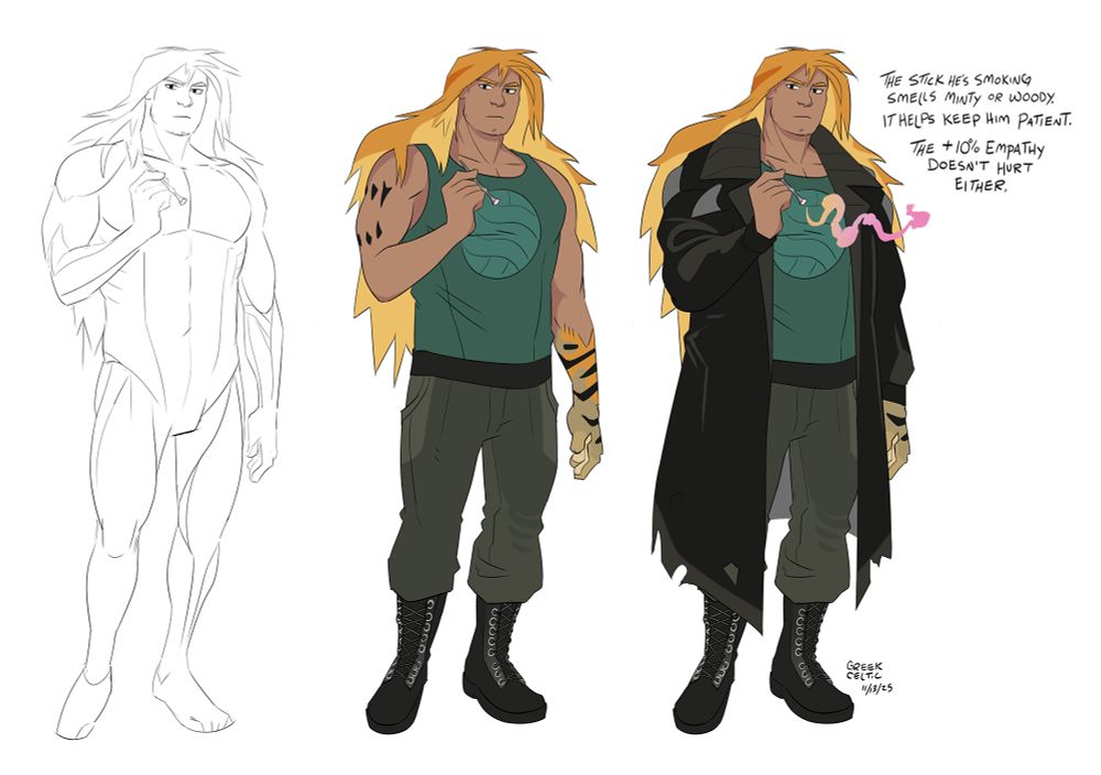 A man with a mane of tabby striped blonde hair and a cat paw for a hand holding some kind of 'cigarette' emitting pink smoke. He's built like a brick shithouse. 
Caption: "The stick smells minty or woody. It helps keep him patient. The +10% empathy doesn't hurt either."