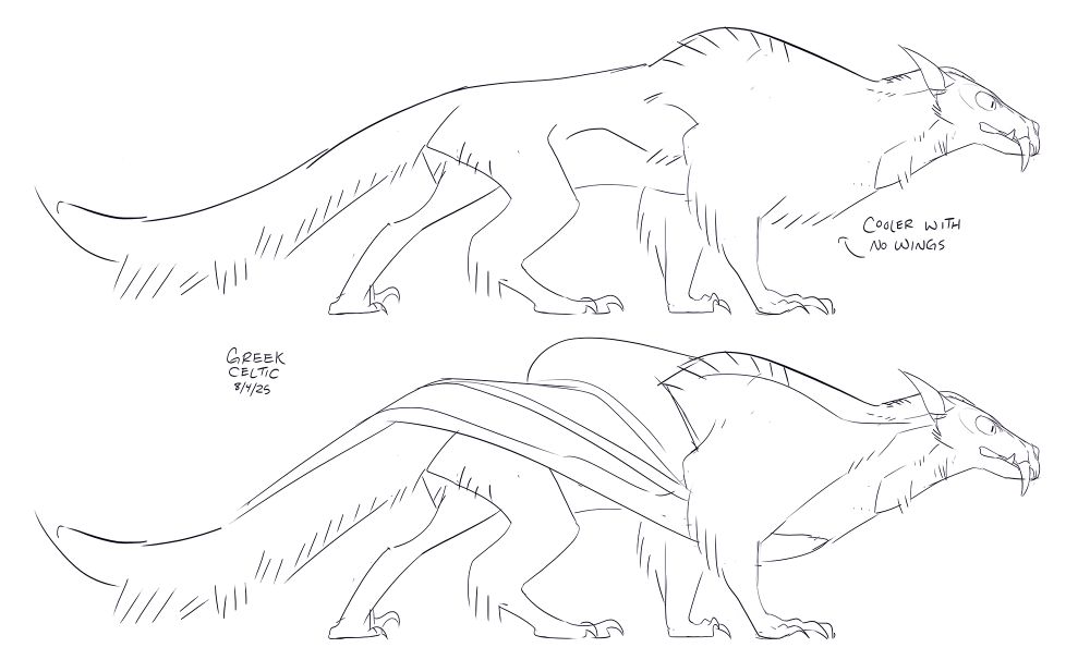 A lanky mountain dog looking monster with here and there long fur and optional wings (wrap around the chest). 