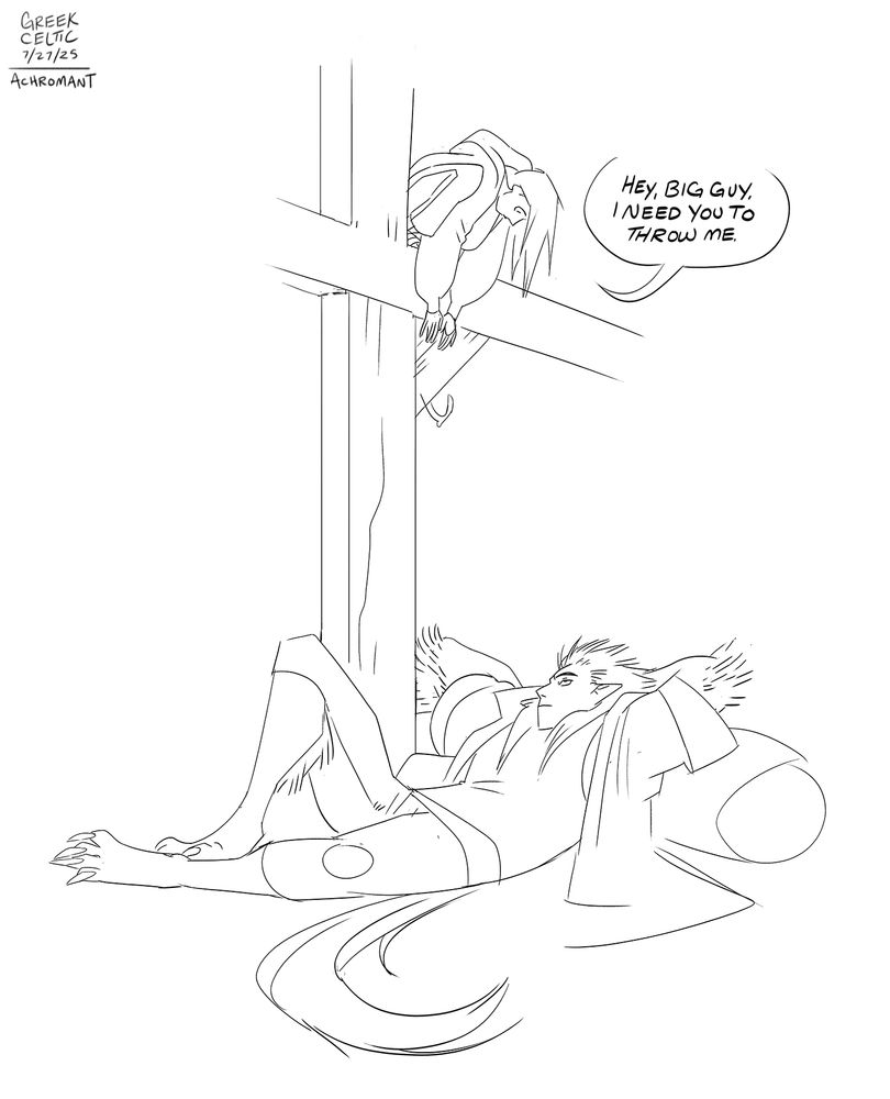 Jacky hangs off of a wooden beam and looks down at a reclining monster man who is considerably larger than her. He seems pretty neutral about it.
"Hey, Big Guy. I need you to throw me."