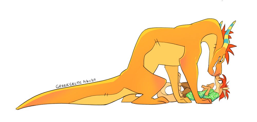 Jacky and Herman bumping noses in dragon form, except Jacky is wearing fashion for some reason.