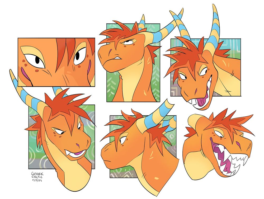 Herman (dragon) making a variety of facial expressions (mostly annoyed, snarly or cheeky) on colorful squares.