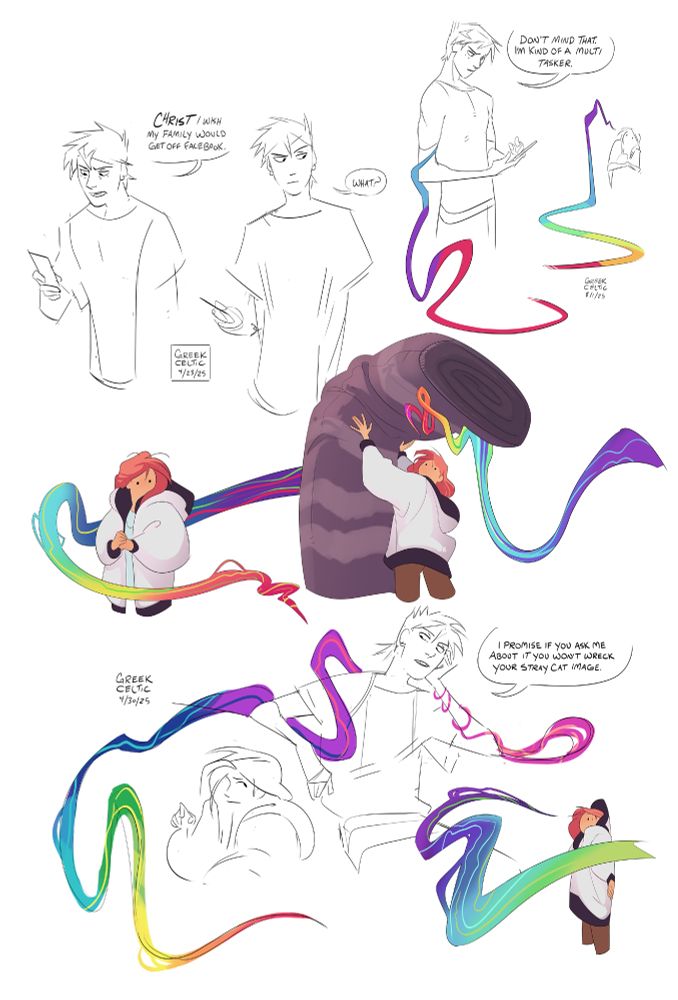 Various doodles of Herman pestering Jacky with his yarn. She doesn't know what it is. It's just a rainbow snake looking thin in her space.
In the middle they're sitting next to each other and he's giving her side eye like he caught her investigating it. "I promise if you ask me about it it won't wreck your stray cat image."
