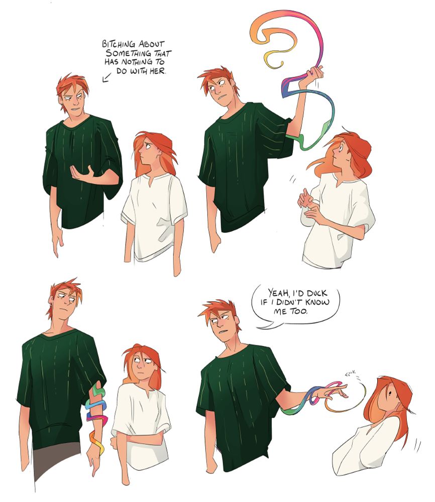 Herman (a tall redhead) looking bitchy while talking to Jacky, a short redhead. The caption next to him says "Bitching about something that has nothing to do with her."
He suddenly lifts his arm with a yarn tether wrapped around it. Jacky leans back like the movement startled her (Herman is 6'3''ish). 
He stops talking and looks at her. The yarn has retreated back to his arm. He looks grumpy, but he's figuring out if she's actually upset. In the last panel he flicks the yarn tether at her nose and looks away, having decided that no, she's not. "Yeah, I'd duck if I didn't know me too."
He probably returns to bitching.