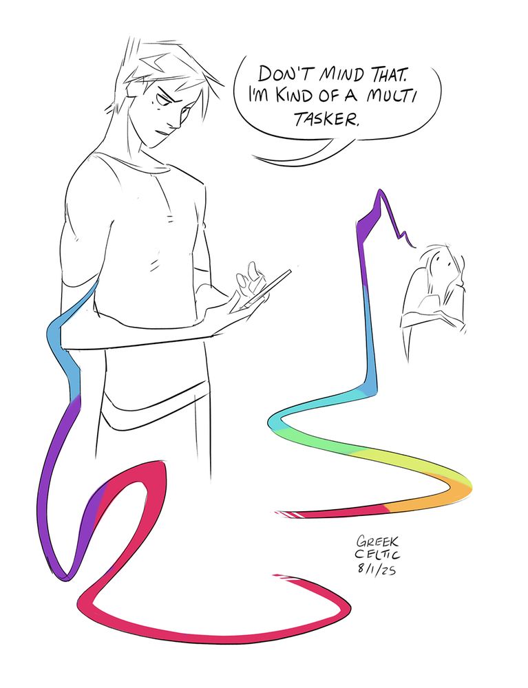 Herman looks at his phone while a tether of his yarn snakes off and 'looks' at Jacky, who leans away. 
"Don't mind that. I'm kind of a multi-tasker."