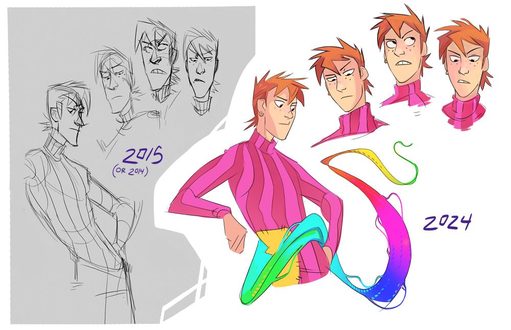 Sketches from Herman in 2015. My style was more angular at the time. My chins were pointier, and my bodies were longer (stretched out, almost). Next to them are some colored sketches from 2024. I was trying to capture some of the superficially annoyed energy from the original version.