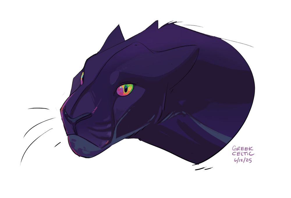 A black panther bust with rainbow colored eyes.