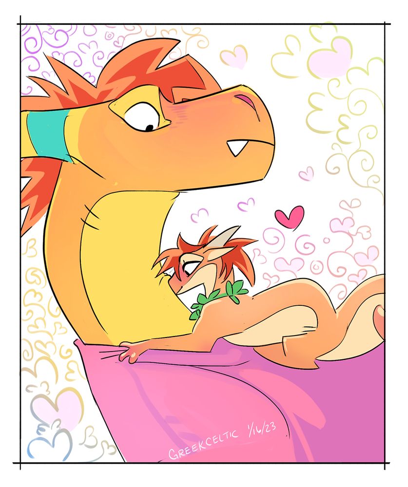 Herman and Jacky in dragon form. She's nuzzling his neck and wearing a leafy wreath.
