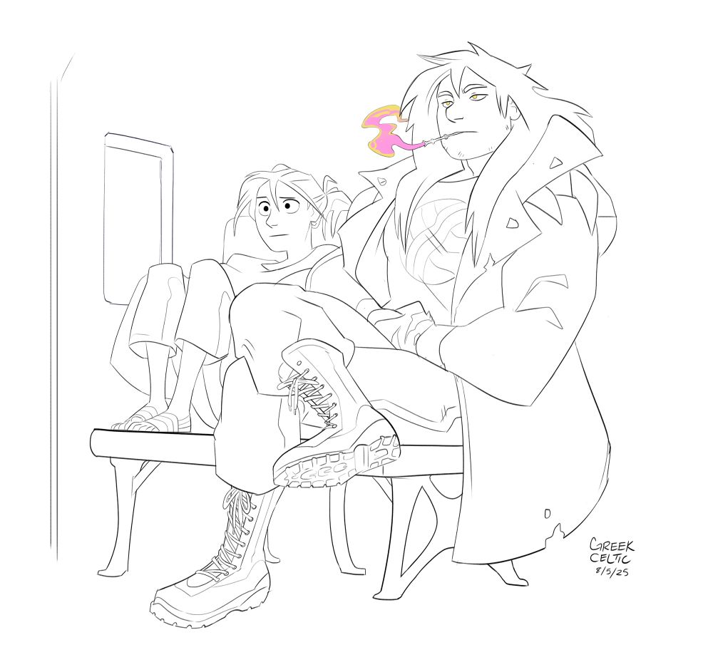 Jacky (a very small woman) sits next to Tam (a gigantic dude). She looks perturbed and he looks like unbothered. He's smoking something that I colored in pink and yellow. It's not weed or a cigarette. Its just some herbal fantasy thing.