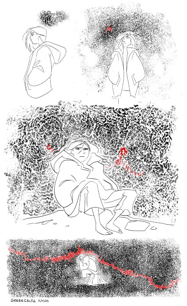 A sequence of sketches of Jacky being dogged by anxious thoughts (depicted as squiggly lines that get worse).