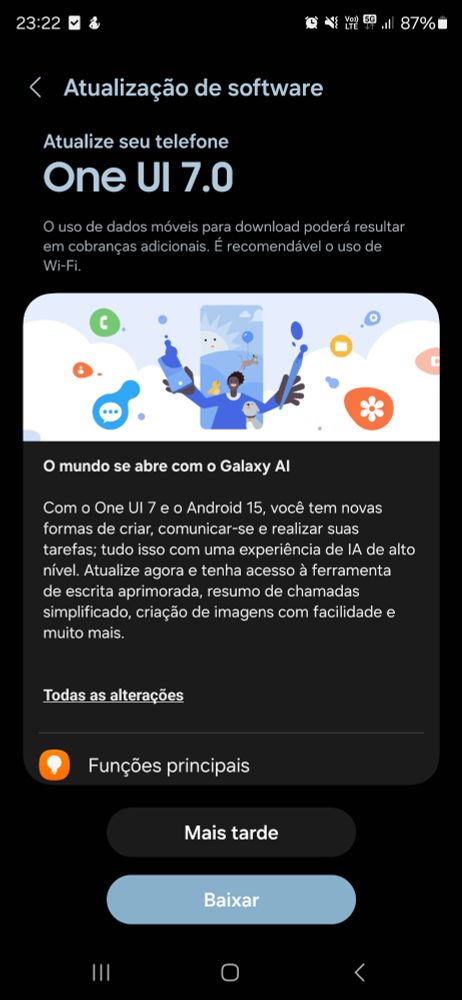 Atualização de software do Galaxy S24 Ultra mostrando o One UI 7.0, que usa o Android 15 como base. O Android 16 já tá quase lançando e o One UI 8.0 já vazou.