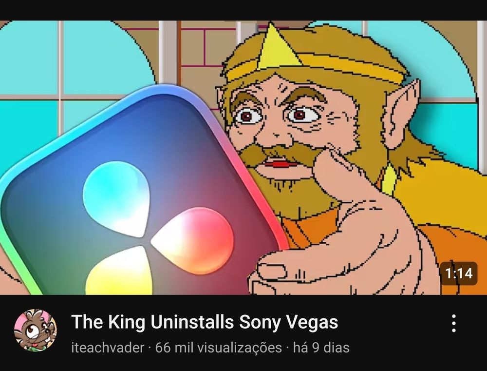 Miniatura de vídeo do YouTube com King Harkinian segurando o ícone do DaVinci Resolve. O vídeo é "The King Uninstalls Sony Vegas", por iteachvader.