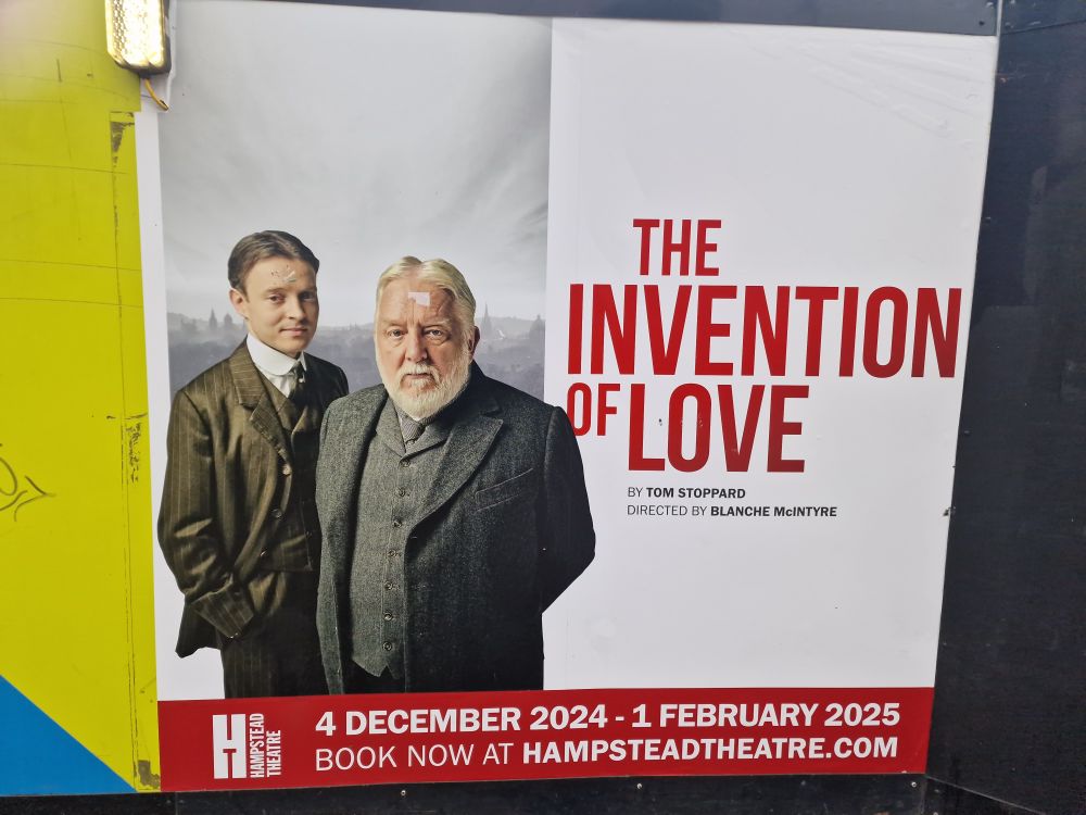A poster for The Invention of Love. The title is on the right hand side, with images of the actors playing the younger and older A E Houseman of the left.