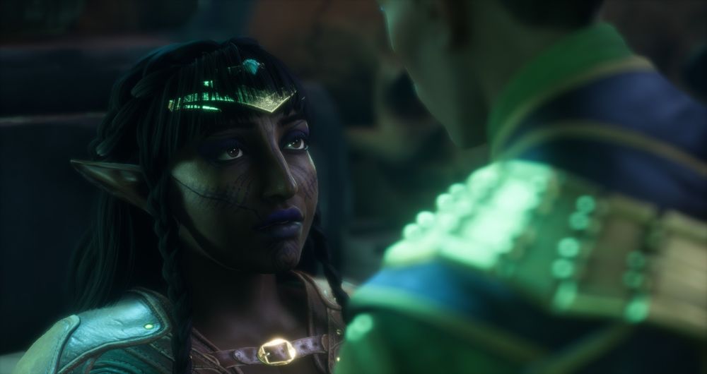 A Dalish Elf from Dragon Age with tanned skin, black hair, and brown eyes gazes up at Emmrich Volkarin, whose back is to the camera. She has a very dreamy, smitten look on her face. 