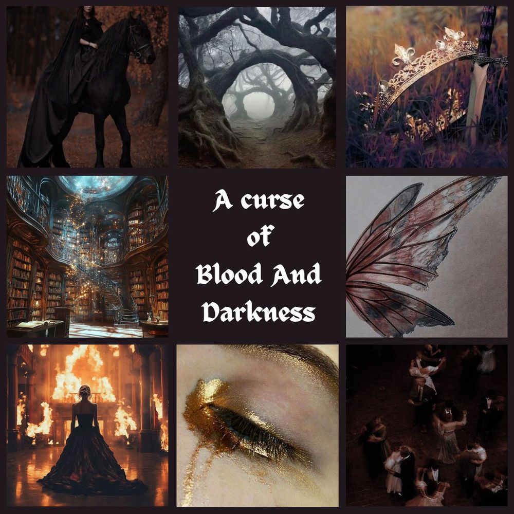 A woman riding a dark horse, a tunnel created by twisted trees, a crown and dagger on the ground, an enchanted library with golden lighting, the title "A curse of Blood and Darkness", glittering wings, a queen in front of a burning palace, golden tears falling from and eye, a ballroom with dancers
