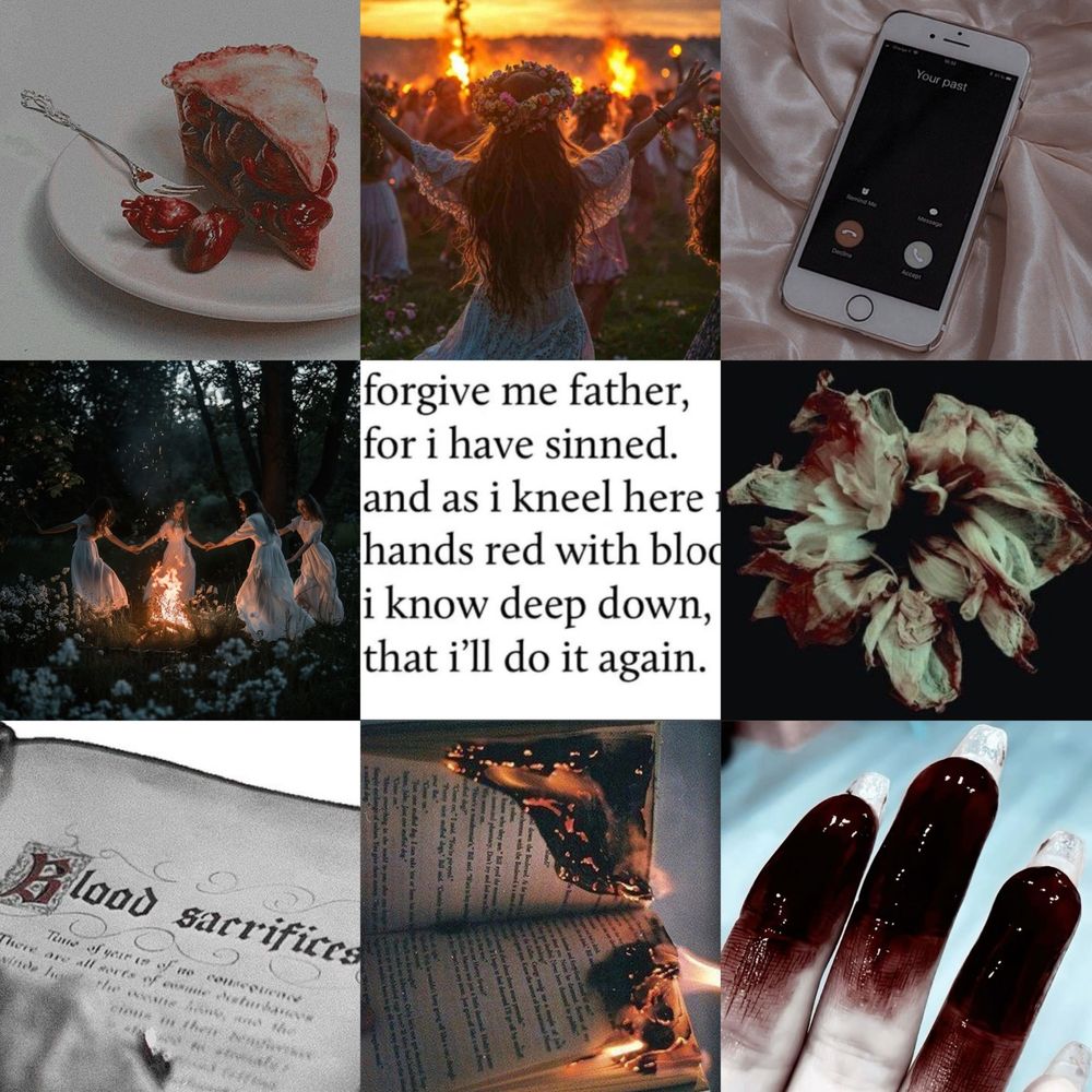 Collage from top left to bottom right (9 pictures):
A pie made of human hearts, a girl in front of the fire, a cellphone ringing, girls dancing around a fire, a quote "forgive me father for i have sinned, and as I kneel here with hands red with blood, deep downl knowl'l dl it again", a blood stained flower, book with blood sacrifice recipes, burning book, fingertips coated in blood