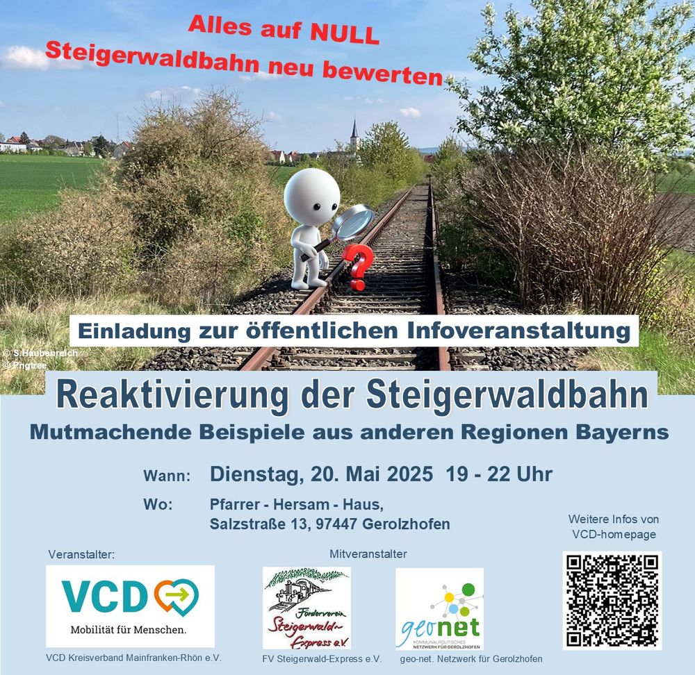 Einladung zur öffentlichen Infoveranstaltung
Reaktivierung der Steigerwaldbahn
Mutmachende Beispiele aus anderen Regionen Bayerns
Dienstag. 20. Mai, 19-22 Uhr
Pfarrer-Hersam-Haus,
Salzstraße 13, Gerolzhofen
Veranstalter:
VCD, Förderverein, Geo.netEinladung zur öffentlichen Infoveranstaltung
Reaktivierung der Steigerwaldbahn
Mutmachende Beispiele aus anderen Regionen Bayerns
Dienstag. 20. Mai, 19-22 Uhr
Pfarrer-Hersam-Haus,
Salzstraße 13, Gerolzhofen
Veranstalter:
VCD, Förderverein, Geo.net