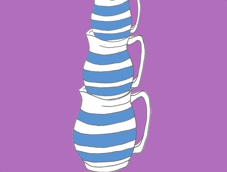 Three stacked blue and white jugs wobble against a purple background.