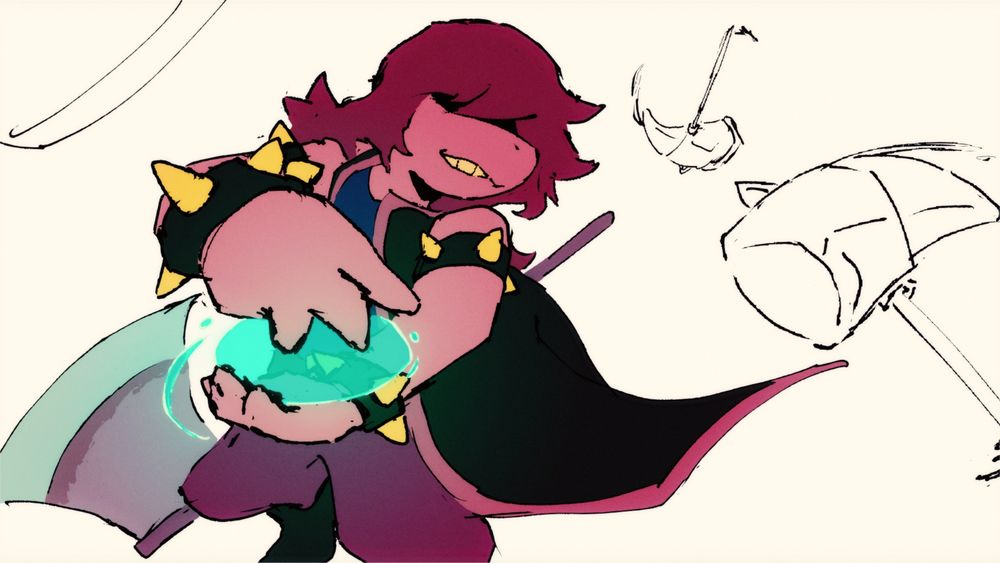 Susie from Deltarune charging up a healing spell as hammers fly past her