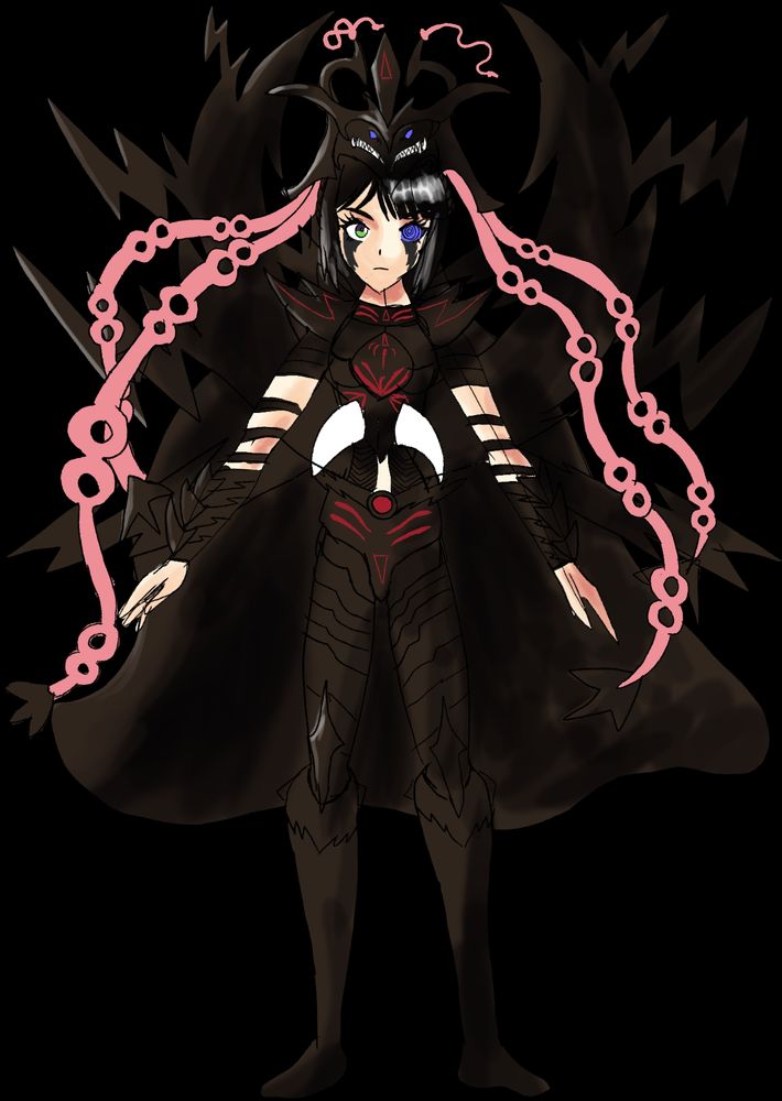 Nue girl in Deusmon armor with Mega Rayquaza things coming out of her hair. she has a dragon headpiece and a large lightning bolt u shaped thing on her back with other lightning bolts coming out of it. she also has a Rinnegan. Her other eye is purple with a green highlight and her hair is braided at the back though isn't to visible here.