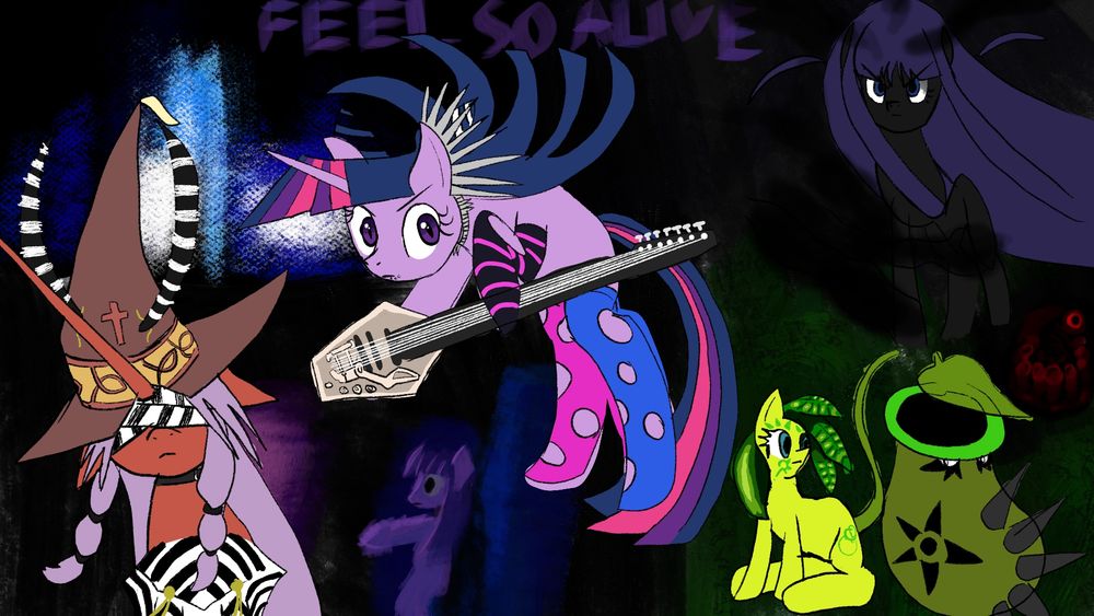 Punk: Twilight Sparkle dressed as Ibuki Mioda surrounded by random OC's, one has a Victreebel for a tail and leaves for hair. 