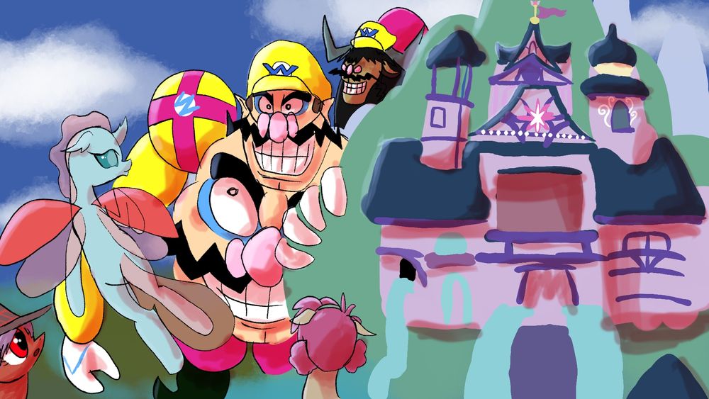 School of Friendship: Ocellus flying near the School of Friendship with a giant Wario coming out from behind the mountain. There is also a Yak Wario