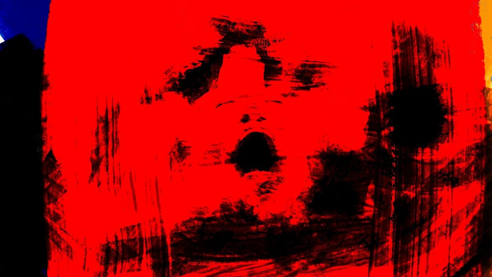 Pinocchio screaming overlayed in harsh red, blue and yellow tints are at the sides