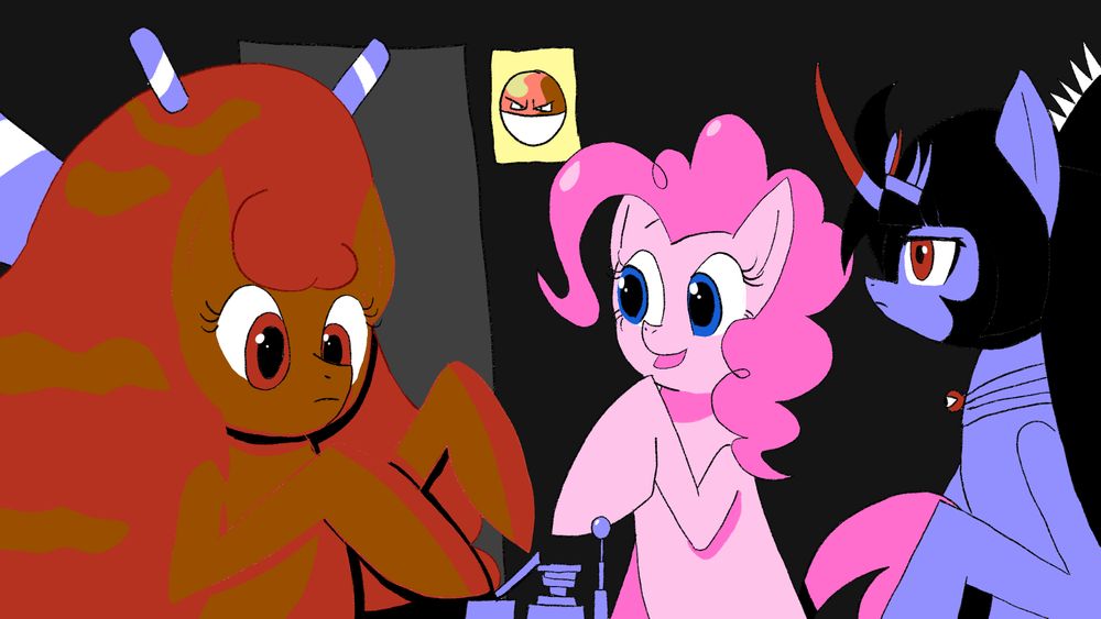 Crafting: Canlava Pony and Pinkie Pie building a structure with Queen Sombra. There is a Voltorb poster in the background