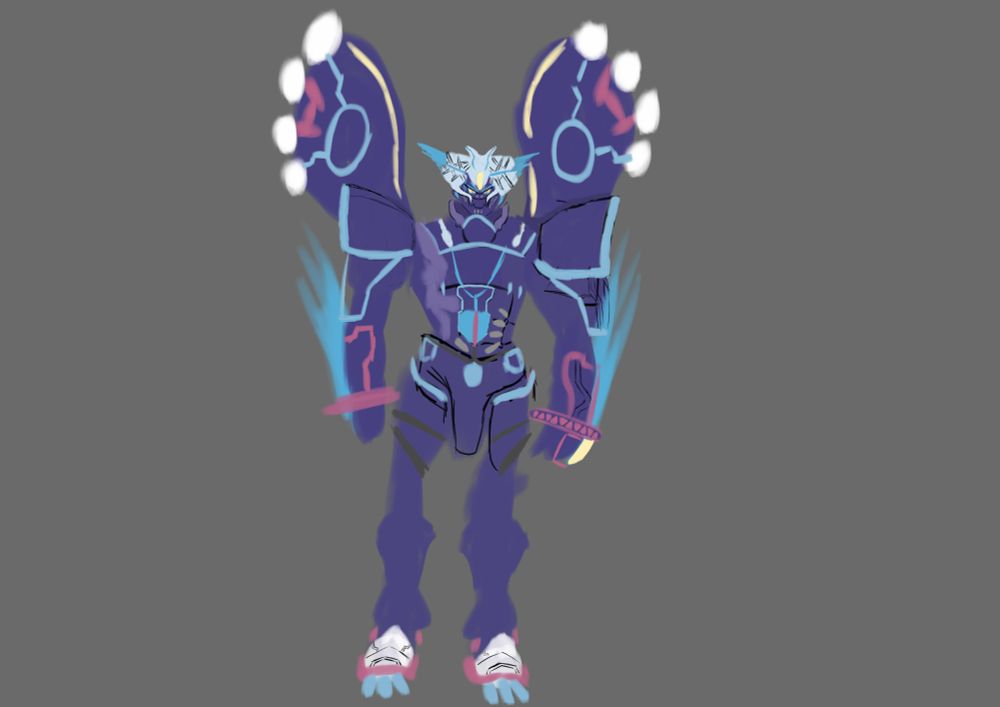 Blue Alphamon with Kyogre fins coming out of it's back.