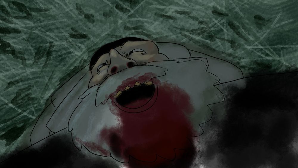 Saint Jaygarcia Saturn dead laying on the grass with his beard soaked in blood.